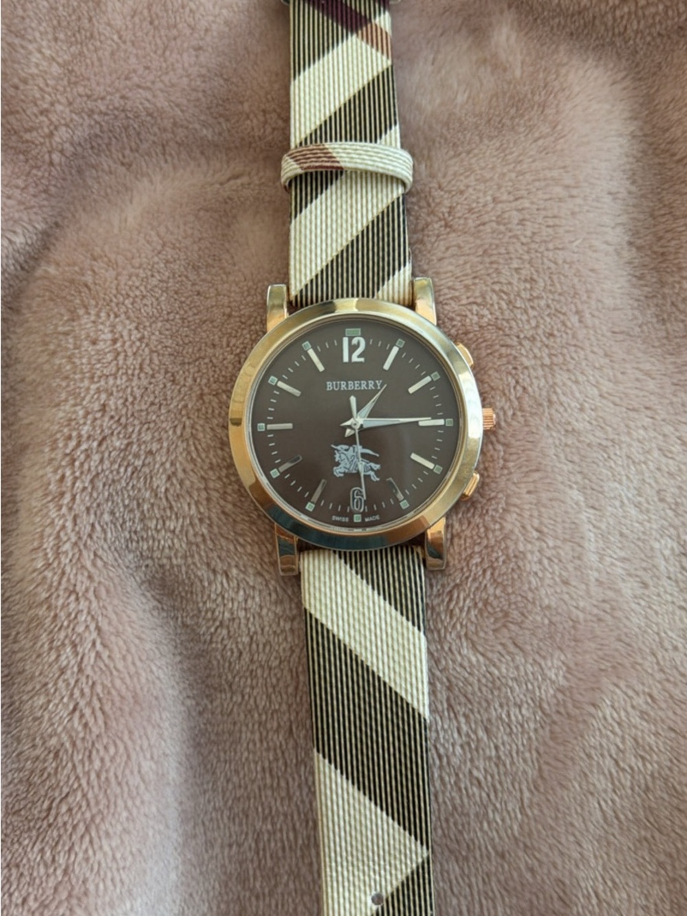Burberry Brown Dial Watch with Gold-Tone Case and Beige/Brown Check Strap